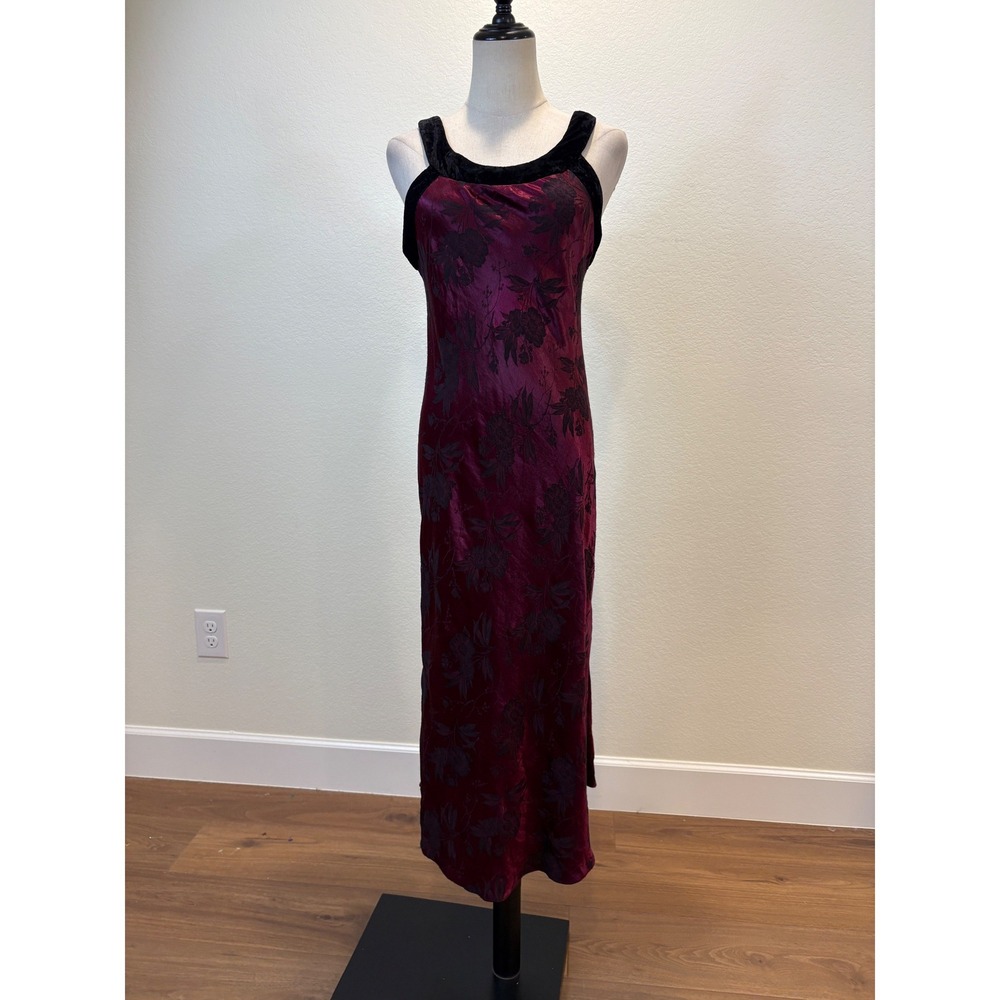 Vtg‎ 90s  Satin Slip Dress S Burgundy Velvet Trim Whimsigoth Romantic Coquette